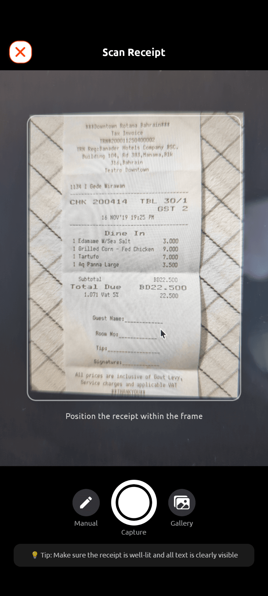 Snap & Scan Receipts screen